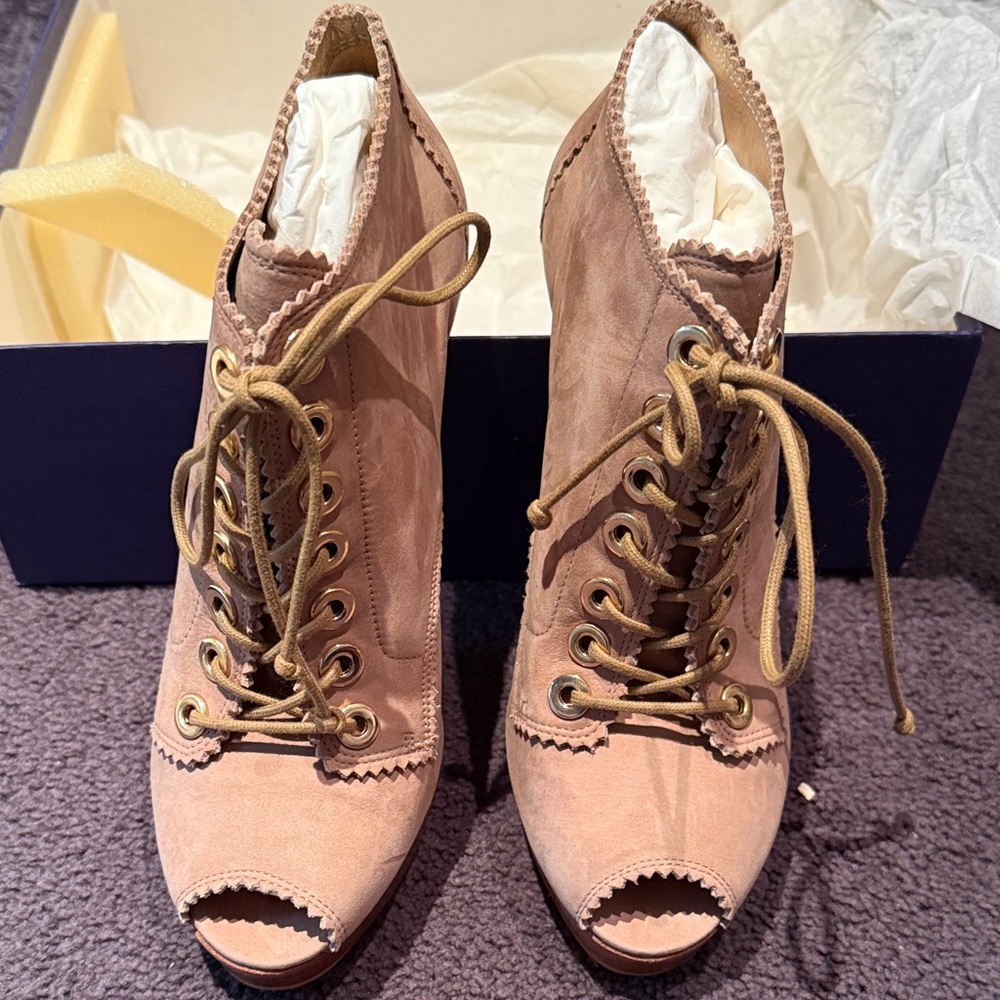 Stuart Weitzman Tan Lace-Up Peep Toe Boots